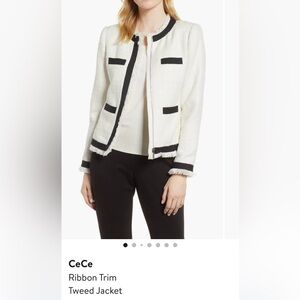 CeCe Ribbon Trim Tweed White Blazer EUC